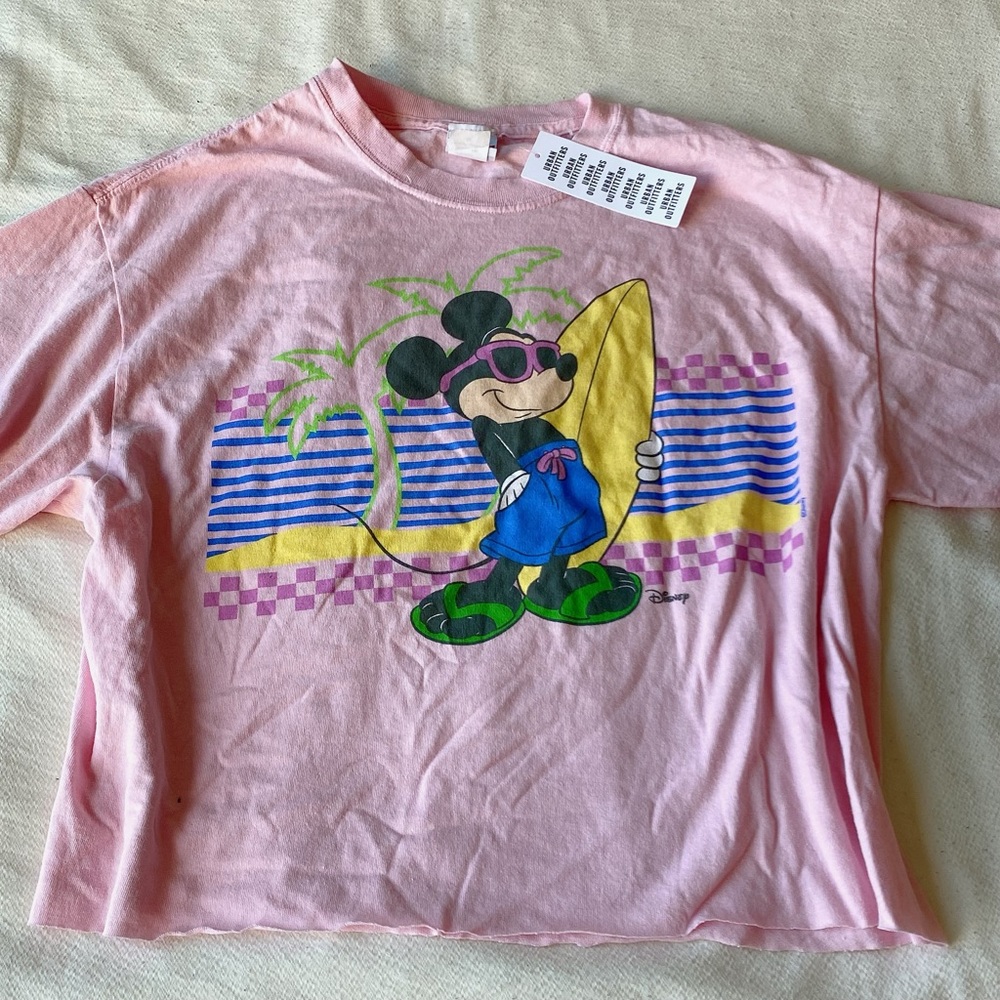 Baby pink crop oversized Mickey Mouse California tee urban outfitters